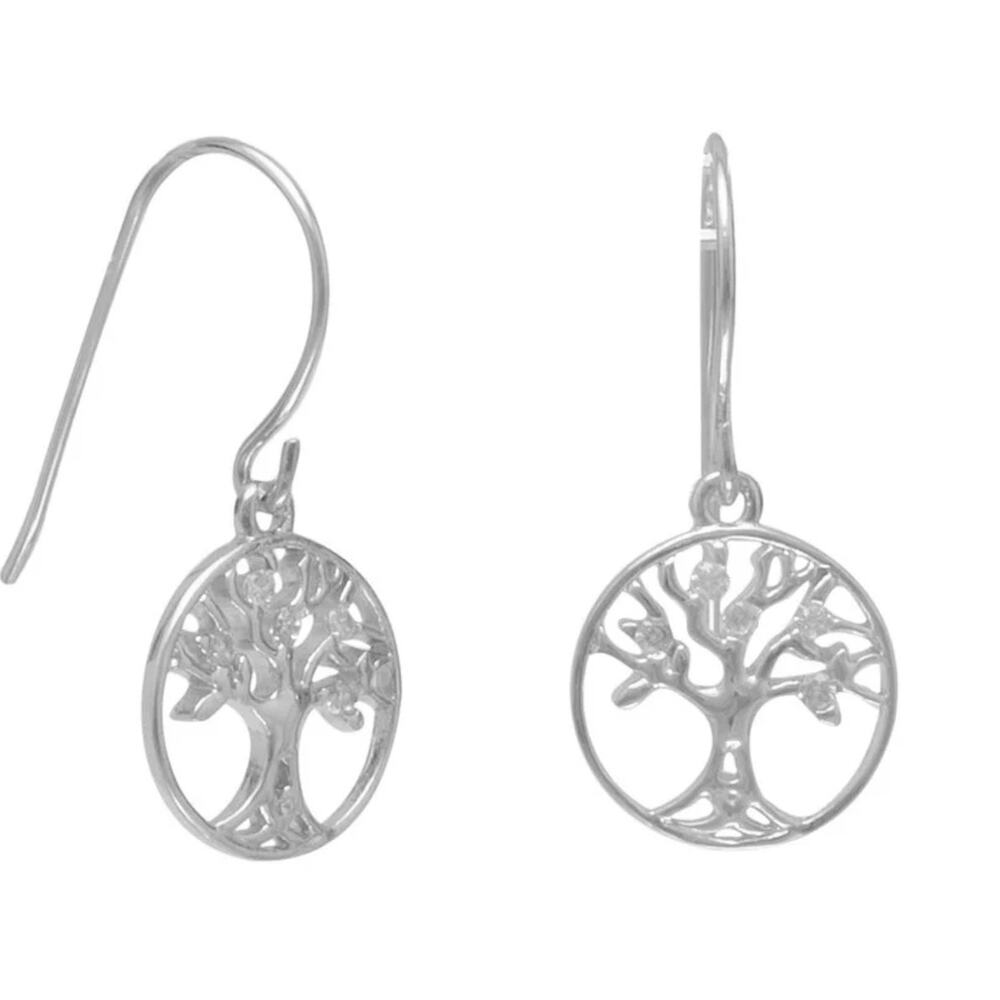 Tree of Life .925 Sterling Silver and CZ Dangle Wire Earrings